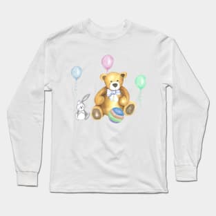 Teddy Bear with rabbit and balloons Long Sleeve T-Shirt